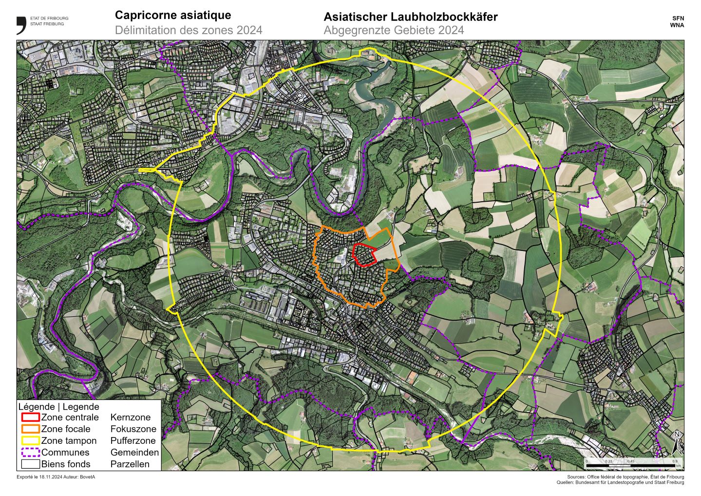 Karte der Kern- Fokus- und Pufferzonen - Asiatischer Laubholzbockkäfer 2024