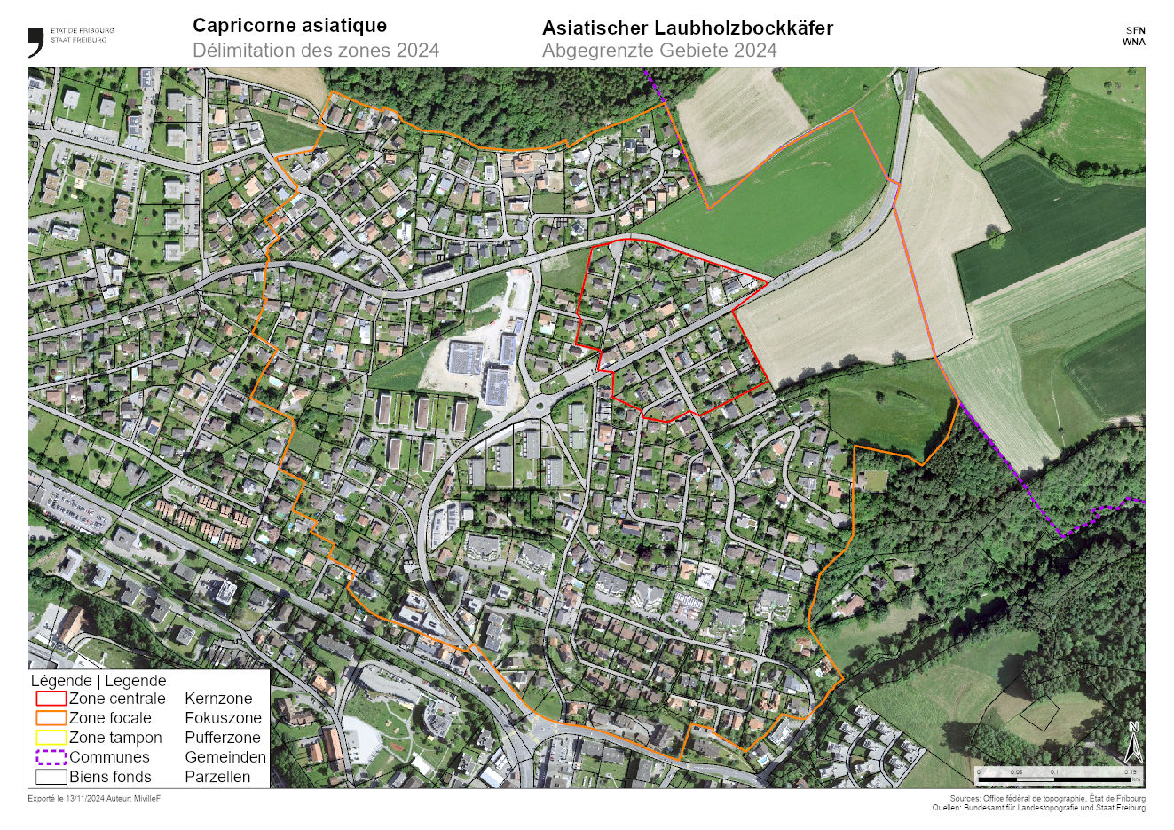 Karte Kerngebiete und Fokusgebiete Asiatischer Laubholzbockkäfer 2024