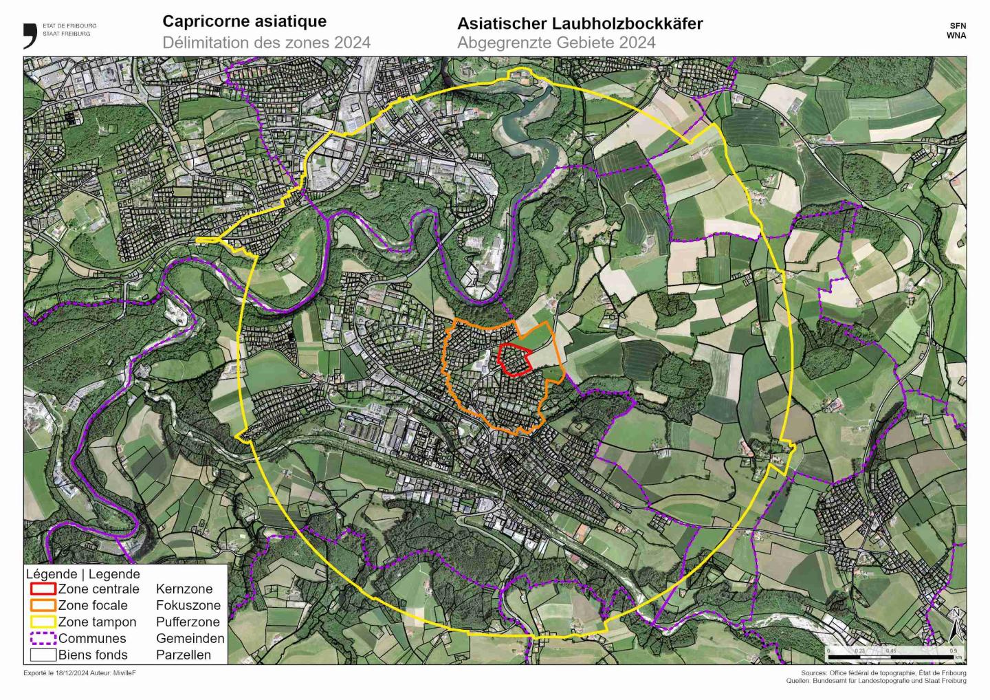 Karte der Kern- Fokus- und Pufferzonen - Asiatischer Laubholzbockkäfer 2024