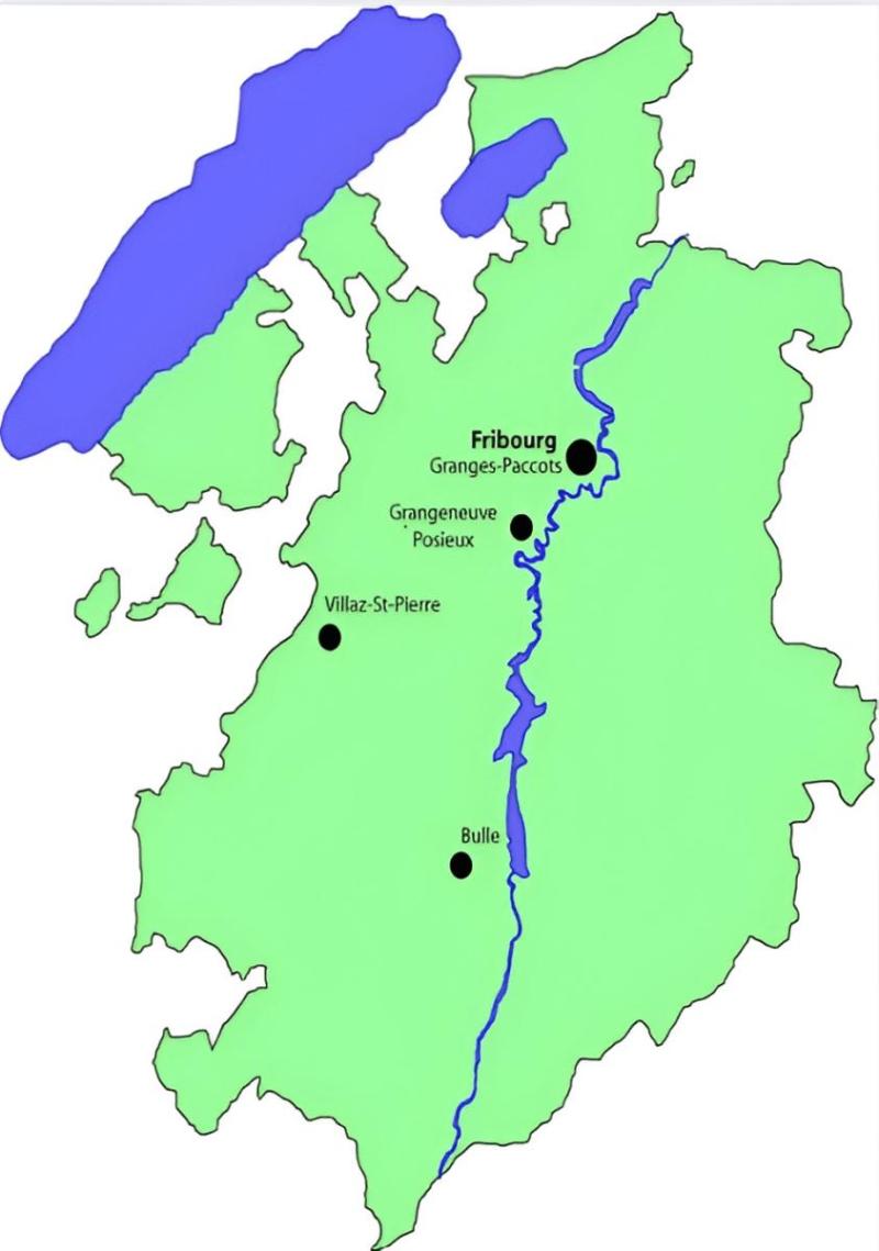 Carte avec site de Bulle, Vivier, Fribourg et Grangeneuve